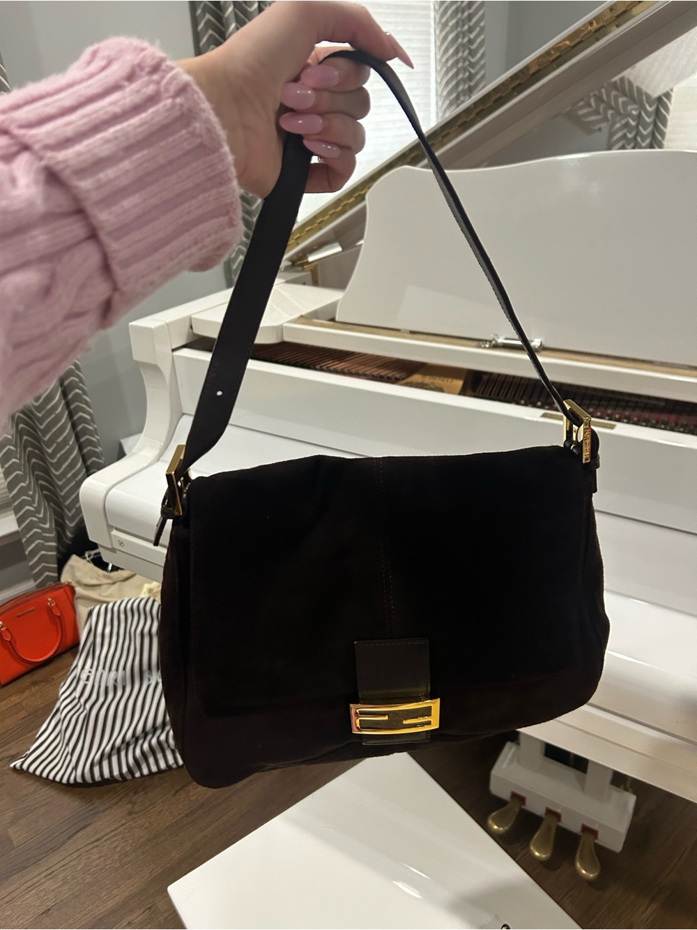 Fendi Dark Brown Suede Shoulder Bag with Gold-Tone Buckle - Picture 3 of 8